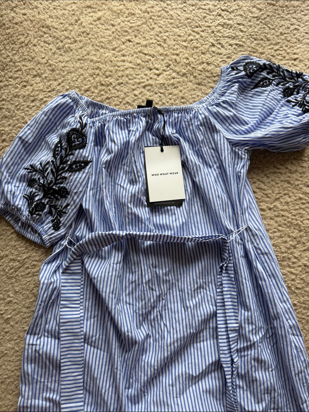 NEW- Who What Wear Blue & White Striped Off-Shoulder Dress with Black Embroidery
